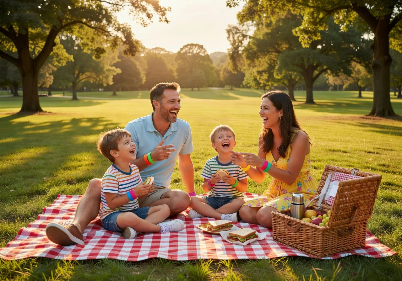 Happy family having a picnic in a sunny park, parents and children laughing, wearing colorful wristb