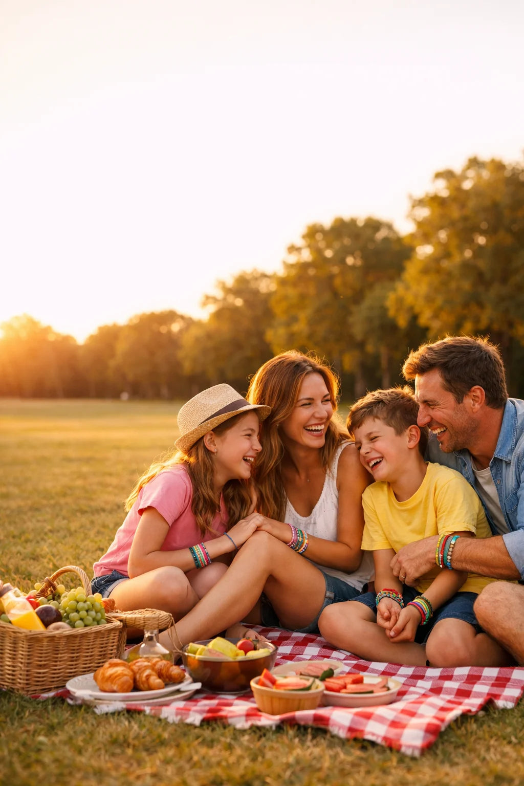 Happy family wearing colorful bracelets having a picnic in a park, laughing and enjoying outdoors, g